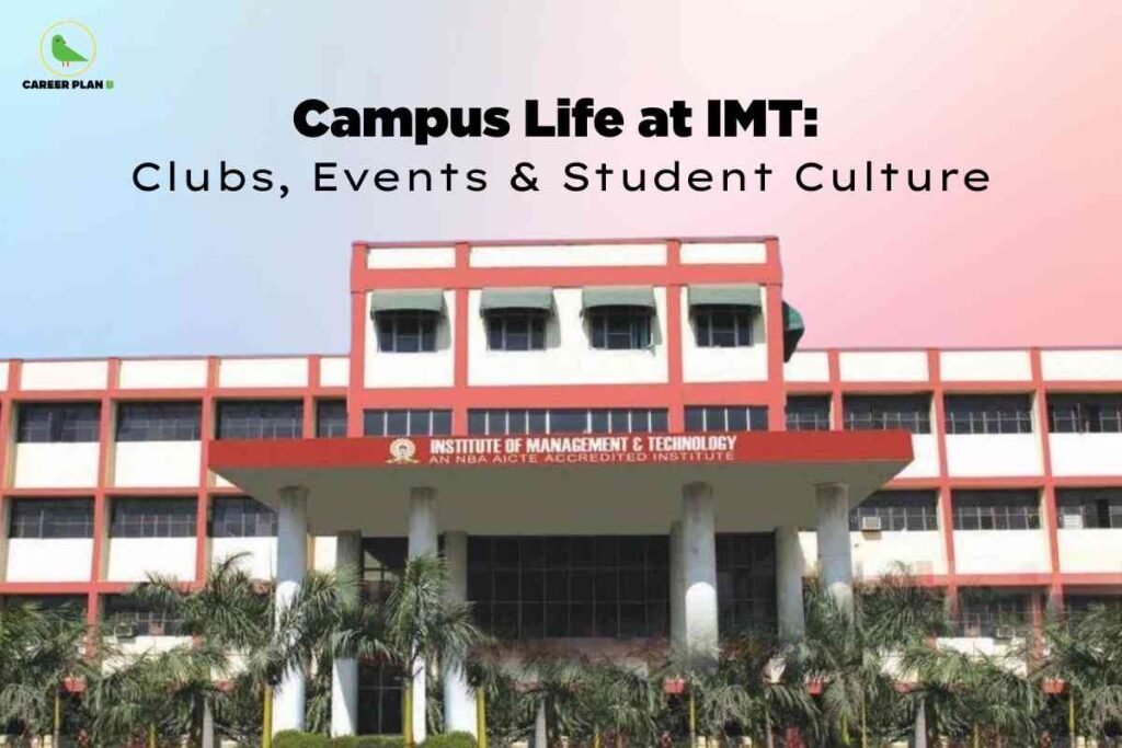 Front view of the SPJIMR Mumbai campus building with greenery in the foreground, featuring a banner on the right highlighting SPJIMR interview experience, real questions, and tips.