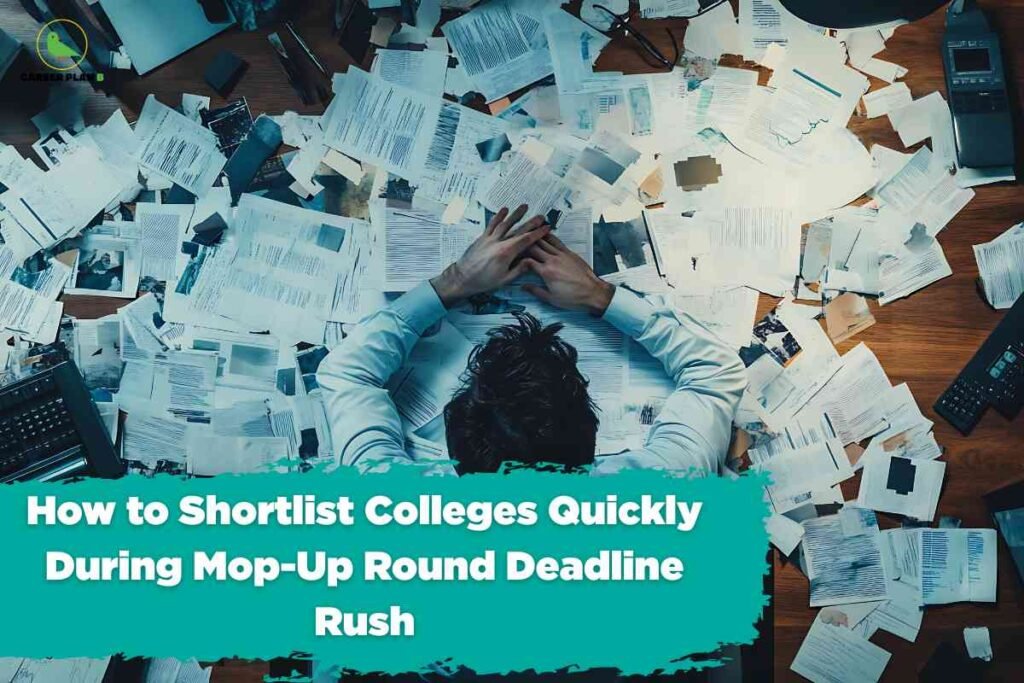 The image shows an overhead view of a person seated at a cluttered desk, surrounded by piles of scattered papers, documents, and folders, suggesting stress and urgency. The person, dressed in a white shirt, has their hands placed on their head, conveying a sense of being overwhelmed. The scene captures a chaotic environment, emphasizing the rush and pressure to organize and make decisions. In the top left corner is a small logo with a green bird graphic and the words "CAREER PLAN B." At the bottom of the image, a bold turquoise banner contains the text “How to Shortlist Colleges Quickly During Mop-Up Round Deadline Rush” in white, highlighting guidance for college selection during a busy admission phase.