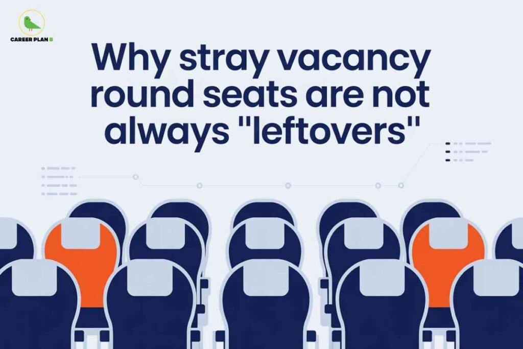 The image features a minimal, modern design with a light grey background. At the top left is the "CAREER PLAN B" logo with a green bird. The central text in large, bold navy font reads: “Why stray vacancy round seats are not always "leftovers"”. Below the text, a series of stylized seats are illustrated in dark blue and grey, arranged in rows as if in a classroom, lecture hall, or exam venue. Some seats are colored orange, drawing attention to specific seats and symbolizing the idea that not all stray vacancy round seats are undesirable or leftover options. The visual underscores the message that such seats can still provide valuable opportunities in the admissions process.
