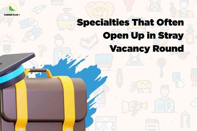The image has a light-colored background with subtle line-art illustrations of various academic and professional icons, such as books, test tubes, people, and question marks, suggesting a theme of education and career options. On the left side, there is a 3D illustration of a brown satchel-style school bag with yellow straps, topped by a black graduation cap with a blue band, placed over a blue paint splash. In the top left is the "CAREER PLAN B" logo with a green bird. To the right, in bold black text, the headline reads: "Specialties That Often Open Up in Stray Vacancy Round," drawing attention to subjects or disciplines that typically become available in the final rounds of academic seat allotment. The visual conveys the idea of opportunity, discipline diversity, and readiness in the context of stray vacancy admissions.