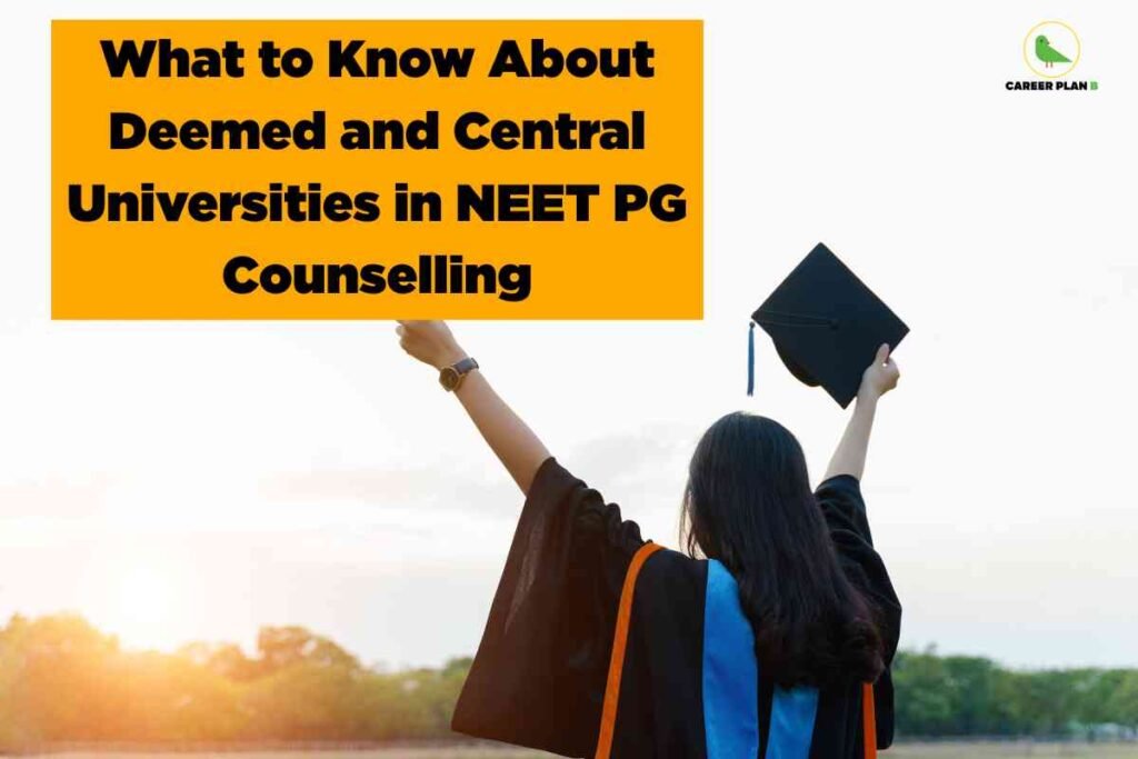 A graduation-themed image showing a student from behind, dressed in a black graduation gown with orange and blue accents, holding a black graduation cap up in the air. The student stands outdoors with a bright sky and green trees in the background. At the top left, the Career Plan B logo is visible. Dominating the upper part of the image, a large orange box contains bold black text that reads: 'What to Know About Deemed and Central Universities in NEET PG Counselling.' The image conveys celebration and achievement while highlighting key information on NEET PG counselling for deemed and central universities.