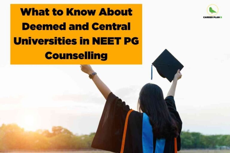 A graduation-themed image showing a student from behind, dressed in a black graduation gown with orange and blue accents, holding a black graduation cap up in the air. The student stands outdoors with a bright sky and green trees in the background. At the top left, the Career Plan B logo is visible. Dominating the upper part of the image, a large orange box contains bold black text that reads: 'What to Know About Deemed and Central Universities in NEET PG Counselling.' The image conveys celebration and achievement while highlighting key information on NEET PG counselling for deemed and central universities.