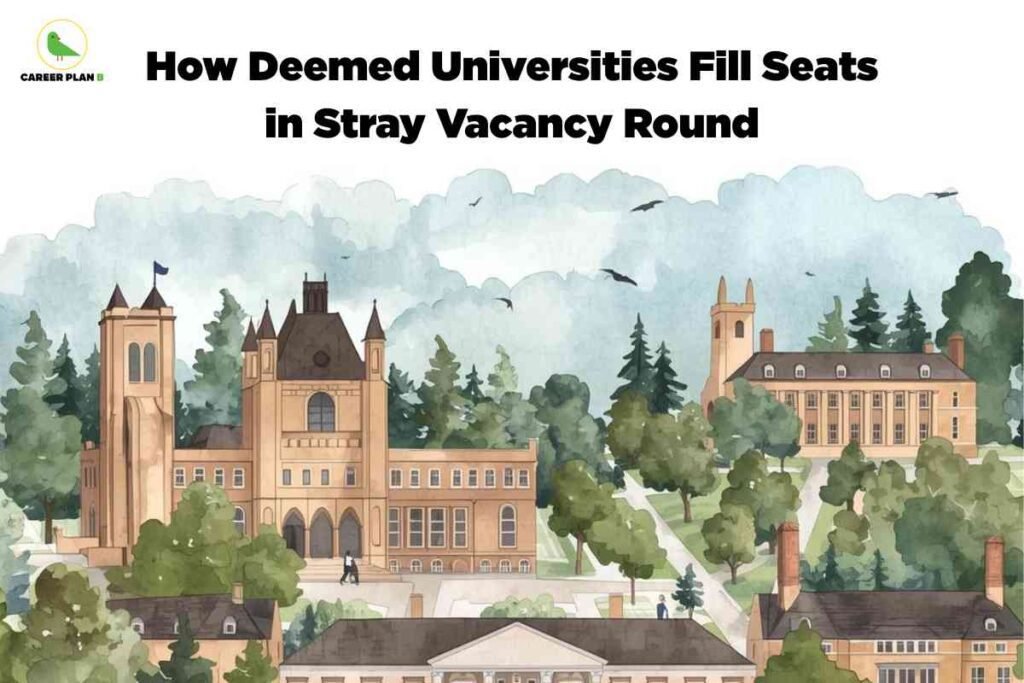 Watercolor-style illustration of a university campus with historic buildings, towers, and trees in the foreground. Above the campus, the sky is filled with soft clouds and scattered birds. At the top center, bold black text states "How Deemed Universities Fill Seats in Stray Vacancy Round." In the upper left corner, a small green bird logo and text "CAREER PLAN B" appear. The scene visually communicates the process of seat allocation by deemed universities during the stray vacancy round in education.
