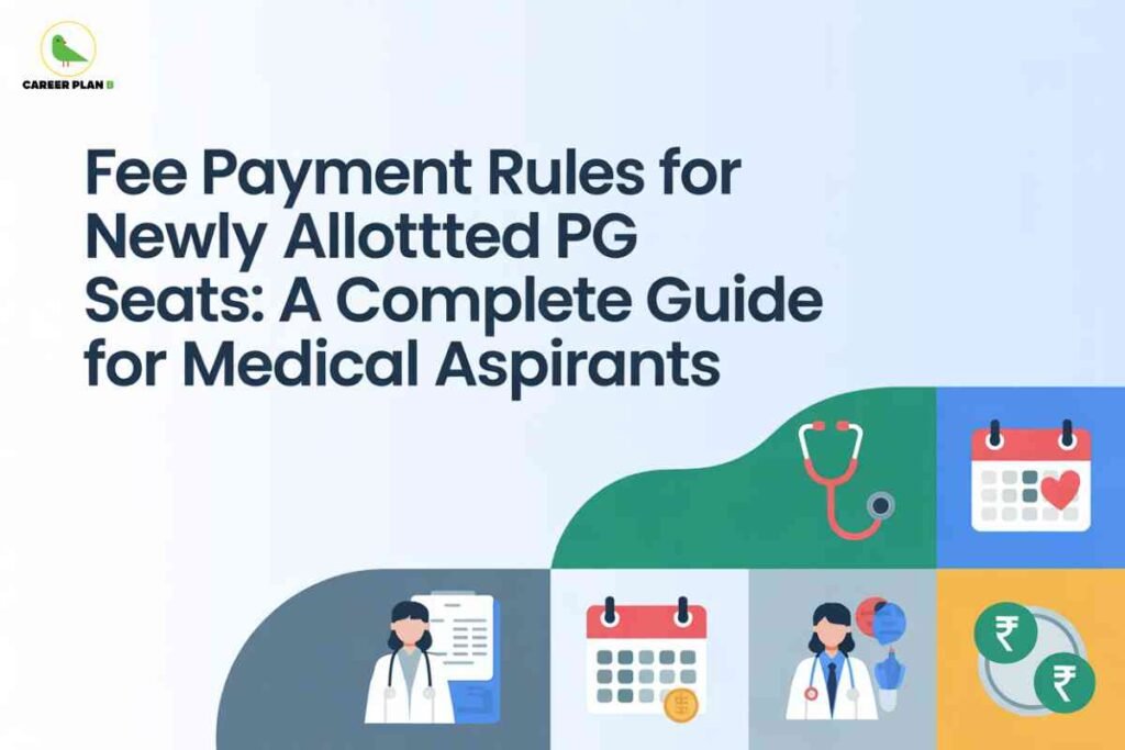 Light blue background with bold navy text in the top left stating “Fee Payment Rules for Newly Allotted PG Seats: A Complete Guide for Medical Aspirants.” In the upper left corner, a small green bird logo and “CAREER PLAN B” text are present. The lower right portion features a collage of flat vector icons: a doctor with documents, a calendar with a coin, a stethoscope, a calendar with a heart, another doctor with an anatomical model, and two overlapping coins featuring the Indian Rupee symbol. The image communicates guidance on fee payment procedures for medical post-graduate seats.