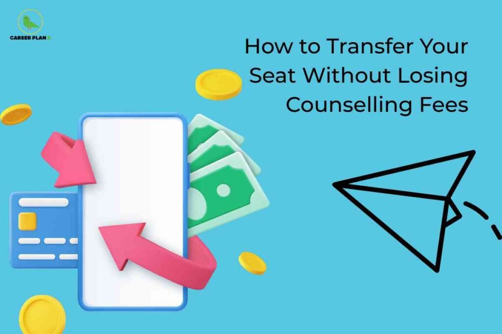On a bright blue background, digital-style illustrations show a credit card, smartphone, and currency notes with two big pink arrows indicating transfer. Gold coins float around, and a paper plane icon is shown on the right. The headline says "How to Transfer Your Seat Without Losing Counselling Fees," and the Career Plan B logo appears in the upper left corner.