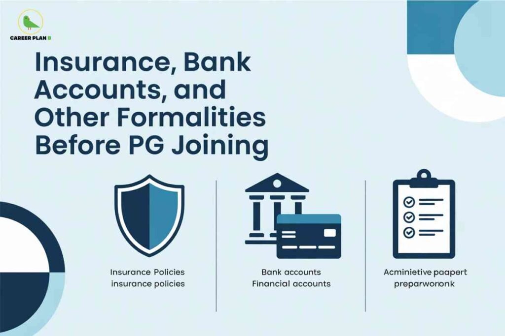 A light blue background features the headline "Insurance, Bank Accounts, and Other Formalities Before PG Joining" in bold text. Below, three icons with labels represent insurance policies (shield icon), bank accounts (bank and card icon), and a checklist for administrative paperwork (clipboard with checkmarks). The Career Plan B logo is in the upper left corner.