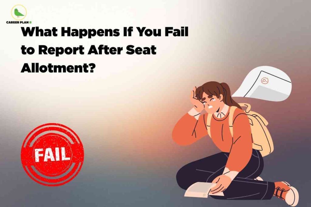 A gradient background shows a worried student with a backpack, sitting on the ground holding a paper. An envelope with a red "D" is flying away, and a bold red "FAIL" stamp is in the bottom left. The headline reads "What Happens If You Fail to Report After Seat Allotment?" The Career Plan B logo is in the upper left corner.