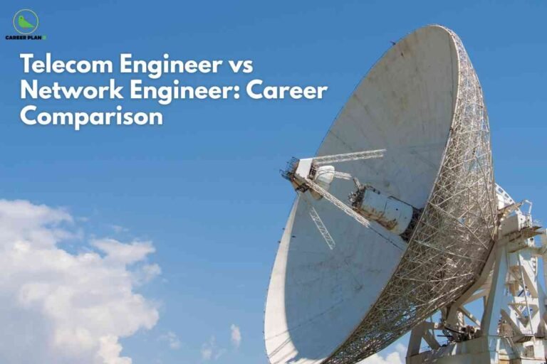 Photograph of a large satellite dish antenna against a clear blue sky, representing high-tech telecommunications and networking infrastructure. The satellite dish is white with an intricate metal framework and is prominently angled towards the sky. In the top left corner, there is a small green logo for 'Career Plan B' with a bird icon. The left side of the image features bold white text stating, 'Telecom Engineer vs Network Engineer: Career Comparison.' The overall theme highlights a direct comparison between telecom engineering and network engineering careers, suitable for use in career guidance, technology discussions, or educational content about engineering professions.