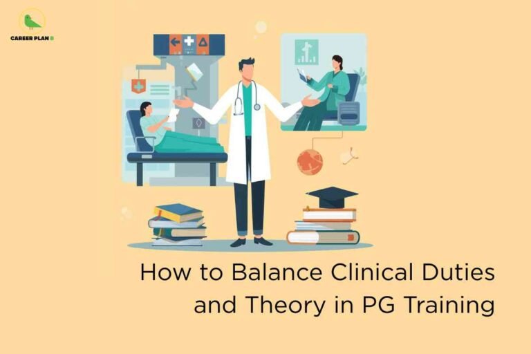 A peach background features a young doctor in a white coat standing between a hospital scene with a patient and a bookshelf with graduation cap and books. The headline reads "How to Balance Clinical Duties and Theory in PG Training." The Career Plan B logo appears in the upper left corner.