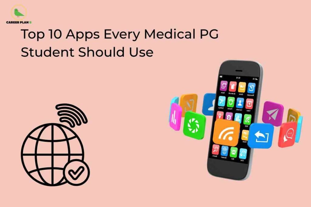 A peach background features a large smartphone with colorful app icons, including symbols for messaging, medical references, and productivity. On the left is a black and white globe with a Wi-Fi symbol and a checkmark. The headline reads "Top 10 Apps Every Medical PG Student Should Use," and the Career Plan B logo appears in the upper left corner.