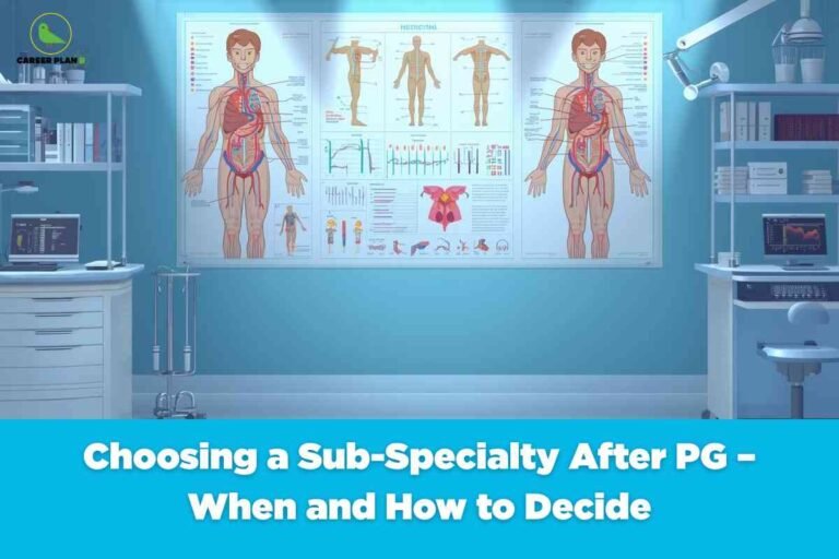 A well-lit clinical room features anatomical posters of the human body on a blue wall, flanked by desks with laptops, medical books, and equipment. The foreground banner reads "Choosing a Sub-Specialty After PG – When and How to Decide." The Career Plan B logo appears in the top left corner.