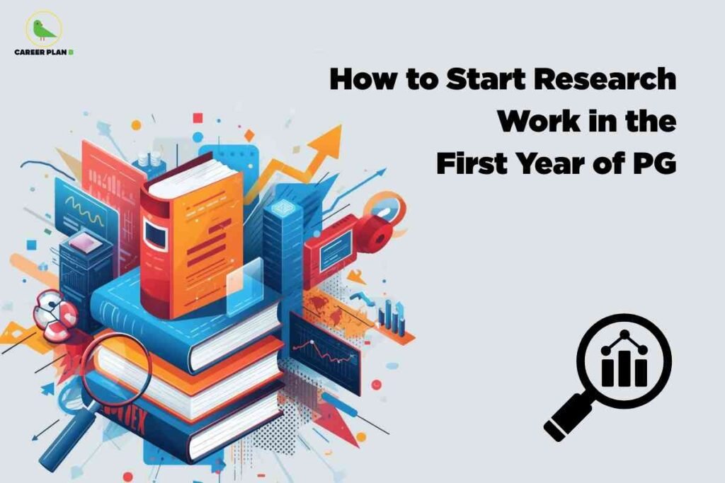 A light grey background shows a vibrant illustration of stacked books, charts, and a magnifying glass, symbolizing academic exploration. The headline reads "How to Start Research Work in the First Year of PG." The Career Plan B logo is in the upper left, and a chart with a magnifying glass icon appears on the bottom right.