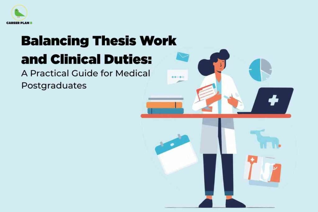 A light blue background shows a female doctor in a white coat working at a desk, surrounded by books, a laptop with a medical cross, a calendar, and speech bubbles. The headline reads "Balancing Thesis Work and Clinical Duties: A Practical Guide for Medical Postgraduates," and the Career Plan B logo is in the top left corner.