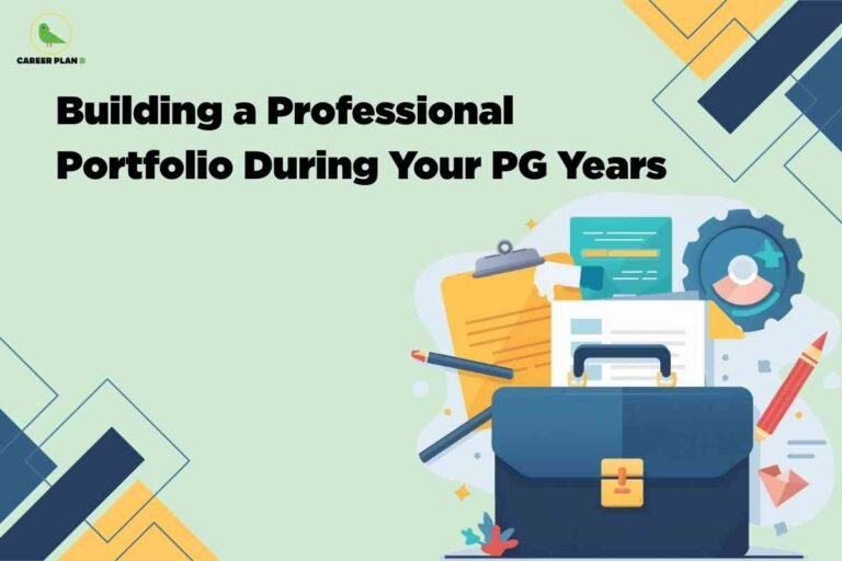 A light green background shows the headline "Building a Professional Portfolio During Your PG Years" in bold black text. On the right, an illustration features a briefcase, documents, clipboard, pen, and gear icon, symbolizing qualifications and achievements, with the Career Plan B logo in the top left corner.