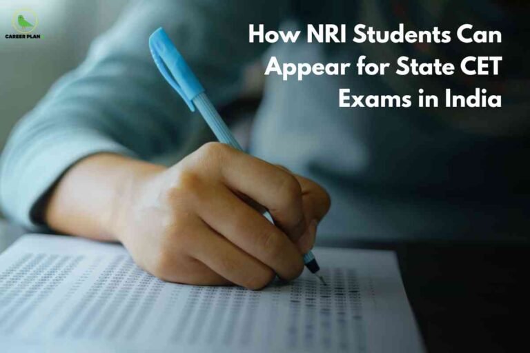 Close-up photo of a student hand holding a blue ballpoint pen and filling out answers on an optical mark recognition (OMR) sheet for a multiple-choice exam. The background is softly blurred, with the student wearing a light blue or grey sleeve. In the top left corner, the 'Career Plan B' logo with a green bird is visible. On the right side, large white text reads, 'How NRI Students Can Appear for State CET Exams in India.' The image visually represents exam preparation, standardized testing, and guidance for Non-Resident Indian (NRI) students interested in appearing for State Common Entrance Tests (CET) in India.