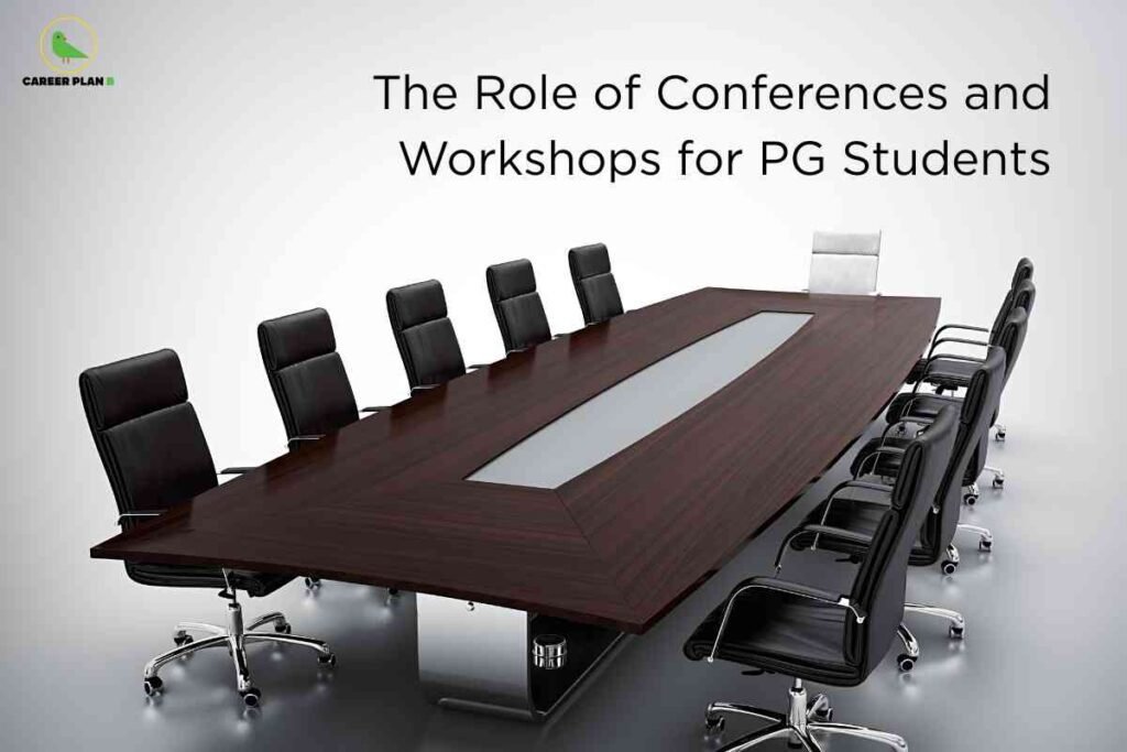 A modern boardroom with a long wooden conference table is surrounded by black swivel chairs, with one distinctive white chair at the head. The headline reads "The Role of Conferences and Workshops for PG Students," and the Career Plan B logo appears in the top left corner.