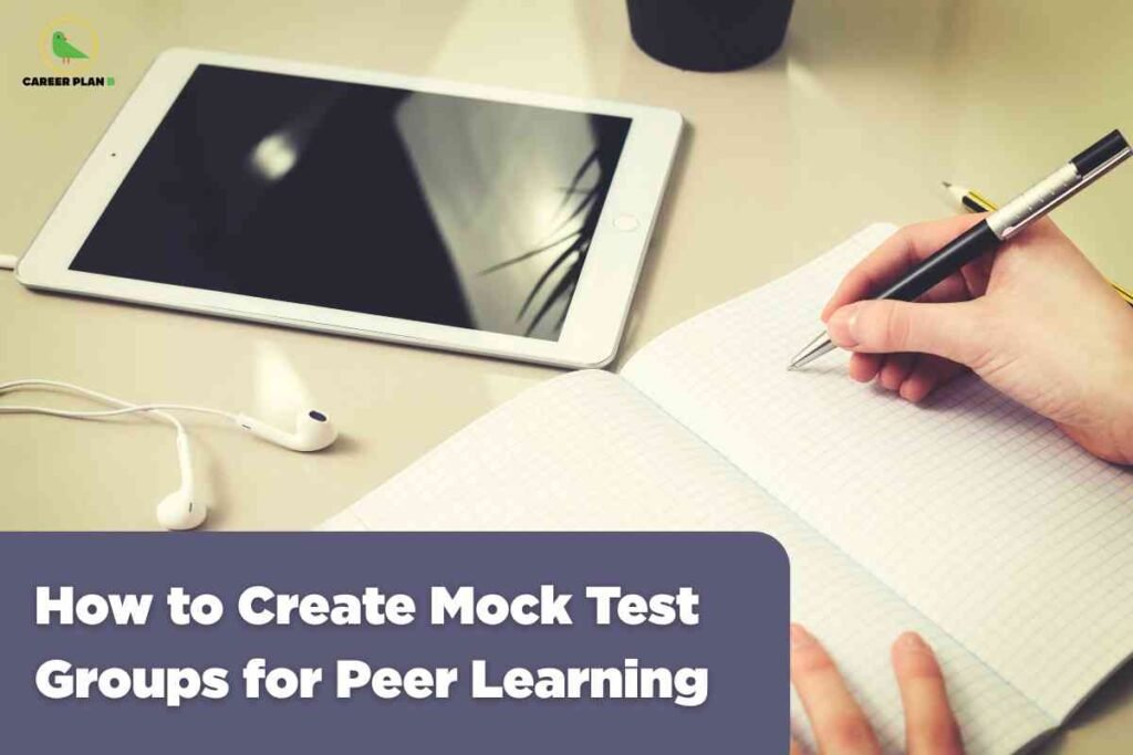 Student writing notes beside a tablet and earphones while preparing for exams, representing how to create mock test groups for effective peer learning.