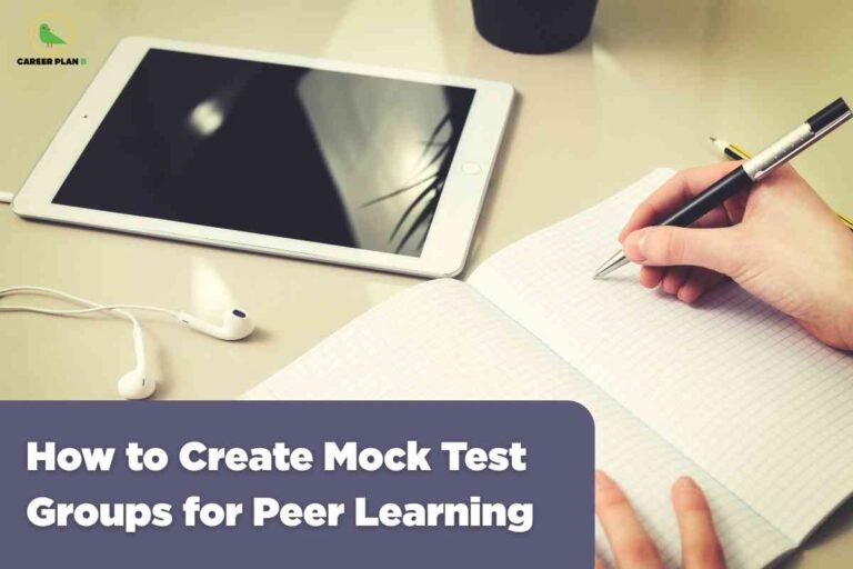 Student writing notes beside a tablet and earphones while preparing for exams, representing how to create mock test groups for effective peer learning.