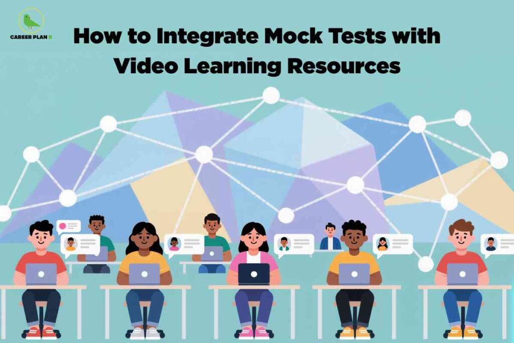 Students learning with laptops in a connected digital classroom, showing how to integrate mock tests with videos and interactive learning resources.