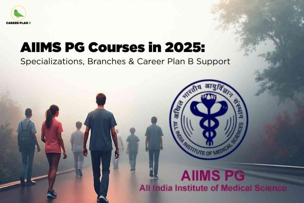 A misty outdoor scene shows several people in medical scrubs walking away on a road, facing into the fog. In the top left, the Career Plan B logo is visible. At the top, bold black text reads: 'AIIMS PG Courses in 2025: Specializations, Branches & Career Plan B Support.' On the right, the AIIMS logo and the text 'AIIMS PG All India Institute of Medical Science' appear in blue and pink. The image highlights postgraduate study options, specializations, and support available for AIIMS aspirants in 2025.