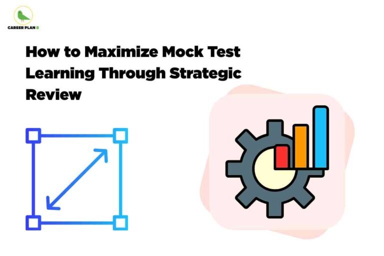 Gear and bar graph icons representing performance tracking and improvement, illustrating effective mock test analysis through strategic review.