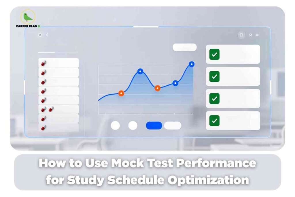 Data analytics dashboard showing performance graph and checklist, illustrating how students can analyze mock test performance to optimize their study schedule.