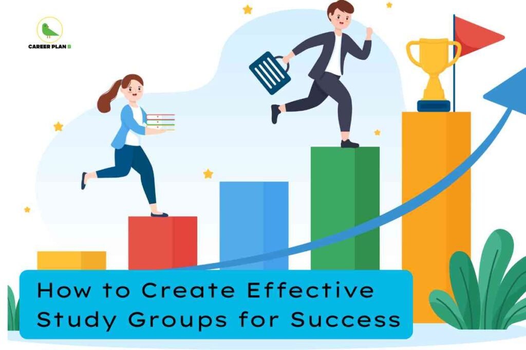 Students climbing bar graphs toward a trophy, symbolizing teamwork, progress, and success achieved through effective study groups.