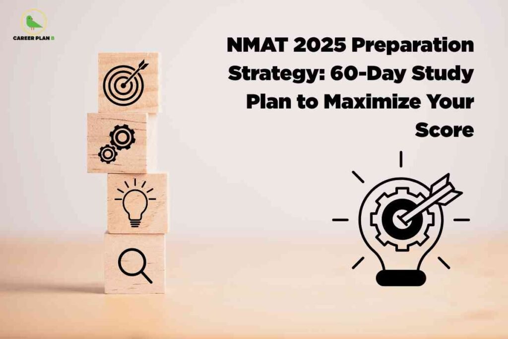 A beige background shows three wooden blocks stacked on the left with icons for a target, gears, a light bulb, and a magnifying glass, symbolizing goals, process, ideas, and analysis. On the right, a light-bulb icon with a cog and arrow illustrates focused effort beside the bold title “NMAT 2025 Preparation Strategy: 60-Day Study Plan to Maximize Your Score,” with the Career Plan B logo in the top left corner.
