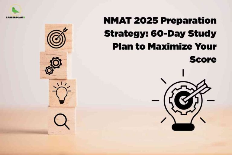 A beige background shows three wooden blocks stacked on the left with icons for a target, gears, a light bulb, and a magnifying glass, symbolizing goals, process, ideas, and analysis. On the right, a light-bulb icon with a cog and arrow illustrates focused effort beside the bold title “NMAT 2025 Preparation Strategy: 60-Day Study Plan to Maximize Your Score,” with the Career Plan B logo in the top left corner.