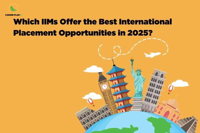 An orange background shows the title “Which IIMs Offer the Best International Placement Opportunities in 2025?” above a cartoon globe with famous monuments like Big Ben, a pagoda, the Statue of Liberty, the Leaning Tower of Pisa, and the Taj Mahal, with an airplane flying across the sky and the Career Plan B logo in the top left corner.