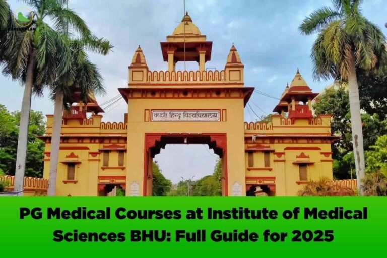 A bright gateway entrance of Banaras Hindu University (BHU) is shown, with yellow and red architecture, flanked by tall palm trees under a partly cloudy sky. At the top left, the Career Plan B logo is visible. Along the bottom, a green banner displays bold black text: 'PG Medical Courses at Institute of Medical Sciences BHU: Full Guide for 2025.' The image highlights the iconic university gateway and provides information about postgraduate medical programs and guidance for 2025 aspirants.