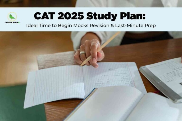 A student writing in a notebook while studying with textbooks and notes on a desk, representing a focused CAT 2025 study plan with mocks, revision, and last-minute preparation.