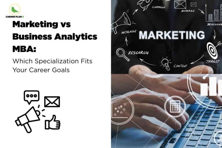 Marketing vs business analytics comparison visual showing marketing icons, analytics graphics, and a keyboard representing MBA specialization choices.