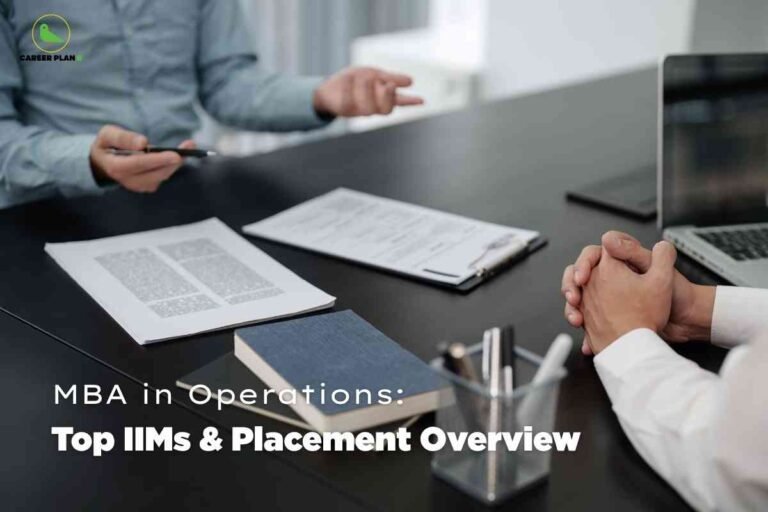 A professional meeting setup with documents, laptop, and interview discussion depicting B-school evaluation and placement insights for an MBA in Operations, highlighting top IIMs and career opportunities.