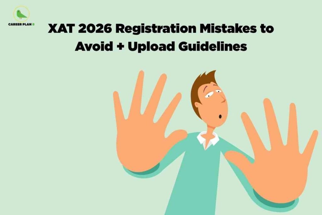 A student raising both hands in caution, visually representing XAT registration mistakes to avoid during the 2026 application and upload process.