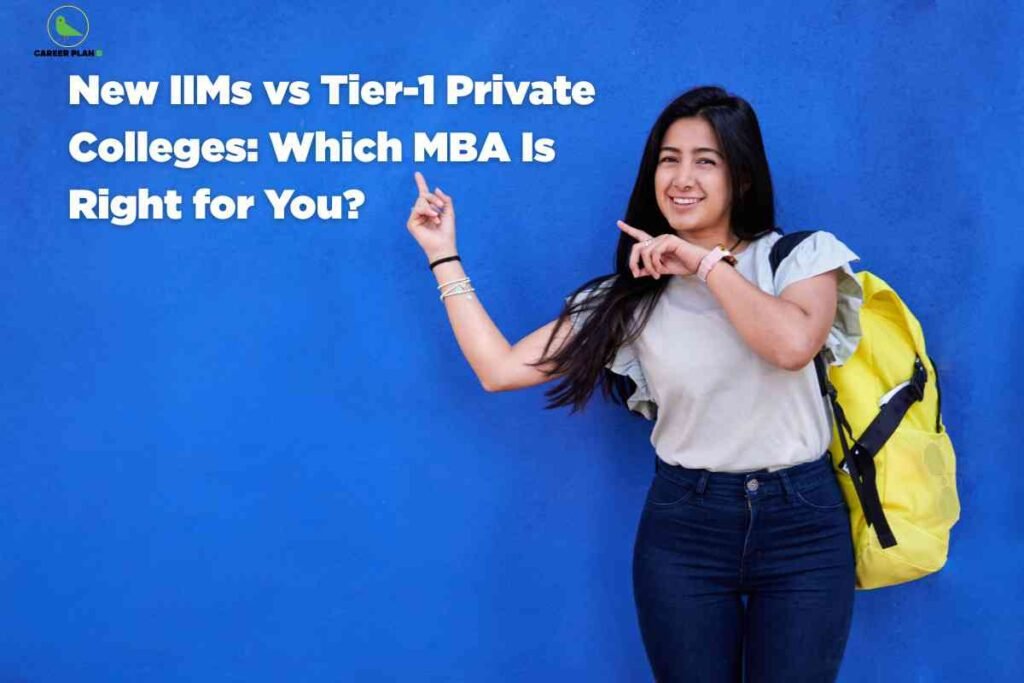 Student pointing towards headline comparing New IIMs vs Private Colleges, representing MBA decision-making between new IIM campuses and top private institutes.