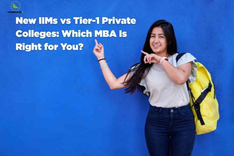 Student pointing towards headline comparing New IIMs vs Private Colleges, representing MBA decision-making between new IIM campuses and top private institutes.