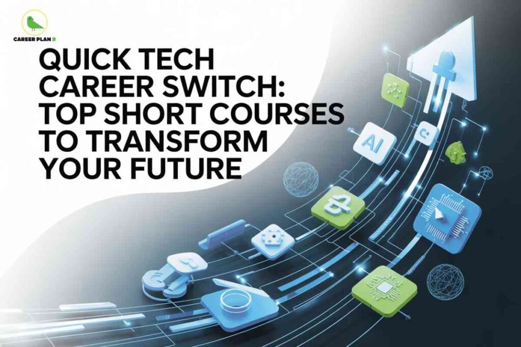 Banner image with a dark futuristic background on the right and a bright white curve on the left, featuring the bold black headline ‘Quick Tech Career Switch: Top Short Courses to Transform Your Future’ in the upper left next to the Career Plan B logo; on the right, glowing blue and green 3D icons for tech fields like AI, coding, cybersecurity, and microchips travel upward along curved digital pathways toward a large arrow-shaped cursor, symbolizing fast upskilling through short tech courses that can rapidly change career direction.