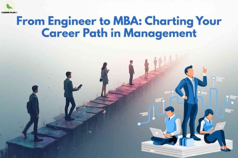 Engineer to MBA career path illustration showing professionals walking on a bridge symbolizing transition from engineering to management with teamwork and leadership visuals.