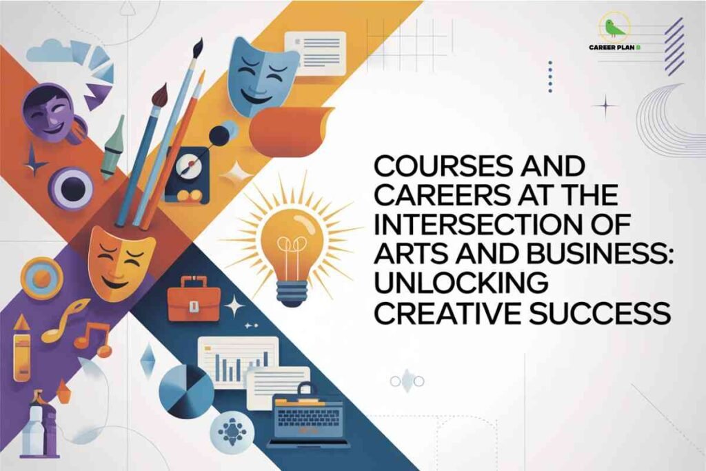 Illustration showing creative tools, theatre masks, business icons, and a light bulb symbolizing innovation, representing arts and business courses and career opportunities at their intersection.