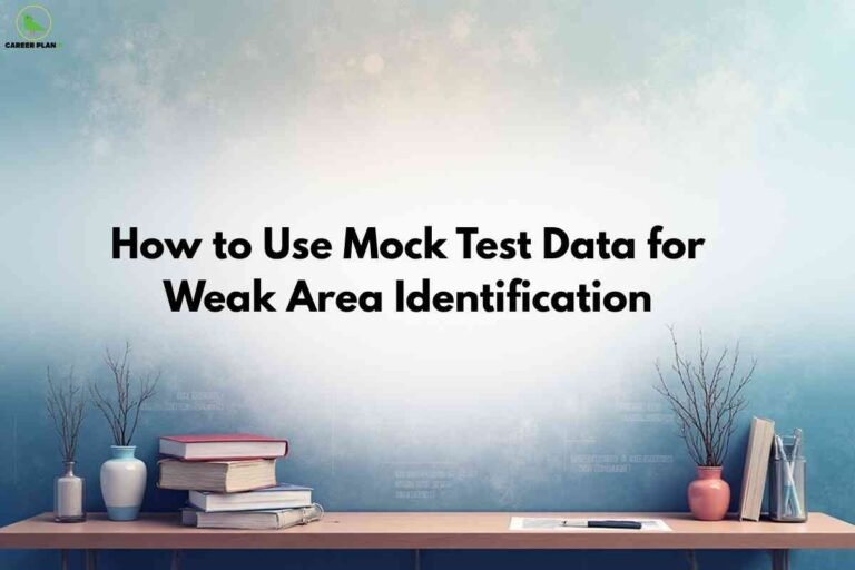 Minimalist study desk setup with neatly stacked books, notepads, and writing tools between two vases on each end, set against a soft, pastel blue gradient wall; bold black headline at the center reads "How to Use Mock Test Data for Weak Area Identification" with the Career Plan B logo in the upper left.