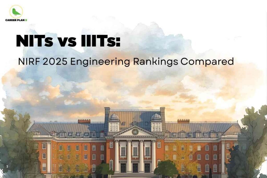 Front view of a grand academic building with tall columns, rows of classic windows, lush green trees, and dramatic sky, visually representing NIT vs IIIT NIRF 2025 engineering rankings comparison; Career Plan B logo at the top left.