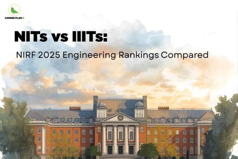 Front view of a grand academic building with tall columns, rows of classic windows, lush green trees, and dramatic sky, visually representing NIT vs IIIT NIRF 2025 engineering rankings comparison; Career Plan B logo at the top left.