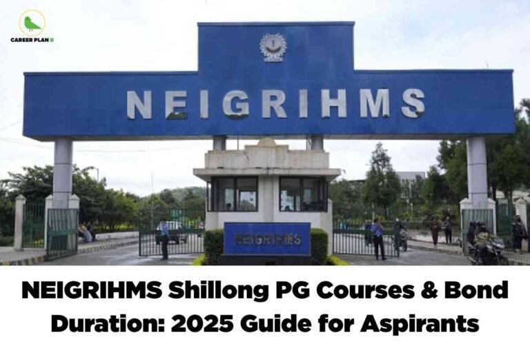 The image shows the main entrance gate of NEIGRIHMS (North Eastern Indira Gandhi Regional Institute of Health & Medical Sciences) in Shillong. The gate is large and colored blue, with silver letters spelling 'NEIGRIHMS' across the top beam. At the top center, there is an emblem representing the institute, and below the beam, a security checkpoint and small office are visible, with guards and a few people standing and entering through the metal gates. Green trees and roadside plants flank the entrance on both sides, giving the area a campus-like feel. In the upper left corner, the 'Career Plan B' logo appears with a green bird and black-green text. At the bottom, bold black text on a white background reads: 'NEIGRIHMS Shillong PG Courses & Bond Duration: 2025 Guide for Aspirants.' The overall design is informative and intended for aspirants looking for postgraduate course and bond duration details at NEIGRIHMS Shillong."