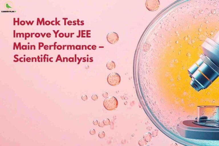 Scientific illustration showing a close-up of a microscope lens over a petri dish with orange liquid and air bubbles, set against a pink background; left side features bold red text "How Mock Tests Improve Your JEE Main Performance – Scientific Analysis" with the Career Plan B logo in the upper left.