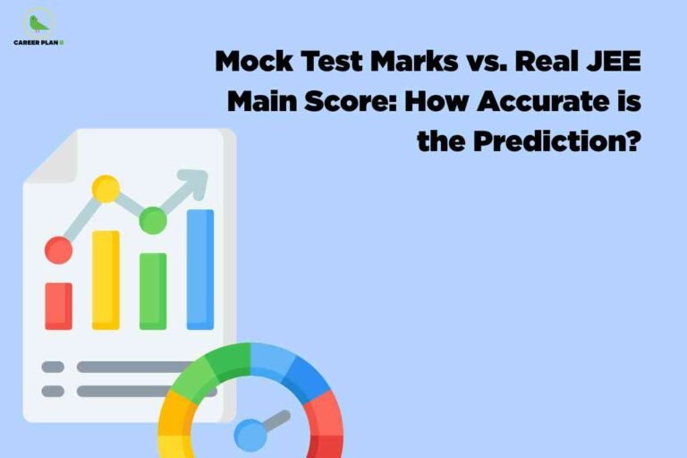 Illustration showing a colorful performance chart and a speedometer-style gauge to represent the comparison of mock test marks vs JEE Main score and how accurately mock exams predict real exam performance.