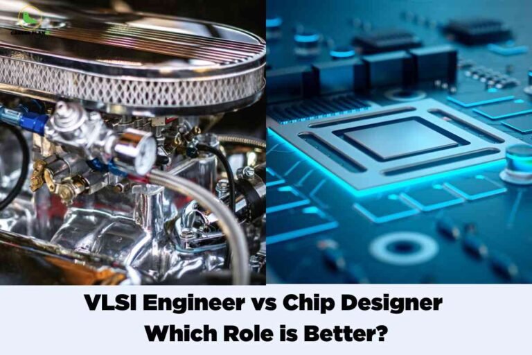 Comparison image illustrating VLSI engineer vs chip designer roles, showing a mechanical engine setup on the left and a modern semiconductor chip on a circuit board on the right, highlighting the difference between hardware engineering and chip design.