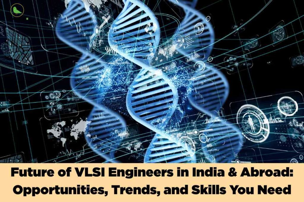 Futuristic digital background showing DNA-like structures, global tech grids, and semiconductor graphics, symbolizing the future of VLSI engineers with advanced opportunities and emerging trends in chip design worldwide.