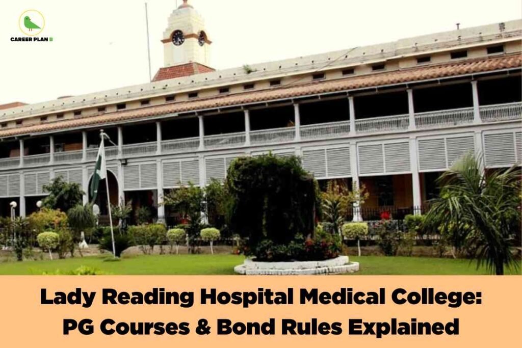 The image shows the exterior view of Lady Reading Hospital Medical College, featuring a large, colonial-era building with a red-tiled roof, white and beige walls, and a prominent clock tower rising above the structure at the center. The building has an extended balcony and multiple shuttered windows along its length. In front of the building, there is a green lawn with neatly maintained shrubbery, palm trees, and an upright flagpole. The setting conveys a formal and institutional atmosphere, typical of historic medical colleges in South Asia. At the top left, the 'Career Plan B' logo is visible, displaying a green bird icon and text. Bold black text on a peach-colored banner at the bottom reads: 'Lady Reading Hospital Medical College: PG Courses & Bond Rules Explained.' The overall presentation is informative and meant for audiences seeking detailed guidance about postgraduate medical education and bond requirements at the college.