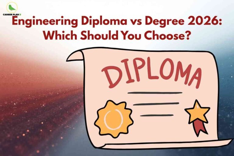 Hand-drawn illustration of a diploma certificate with gold seal and star badge against a gradient background, highlighting the concept of engineering diploma vs degree options for 2026 with Career Plan B logo.